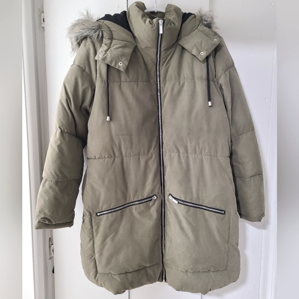 Old Navy Olive Green Puffer Jacket with Faux Fur Hood